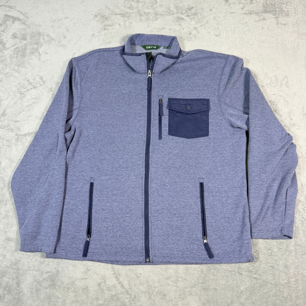 Orvis Mens Large Full Zip Jacket Blue Heathered Stretch Mock Neck Pocket